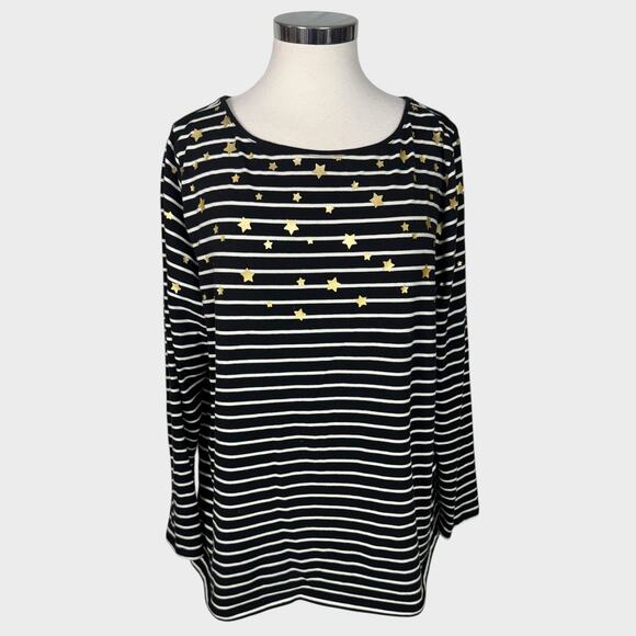 Talbots Plus 2X Cotton Spandex Black White Stripe with Stars Top Long Sleeve - Picture 2 of 8
